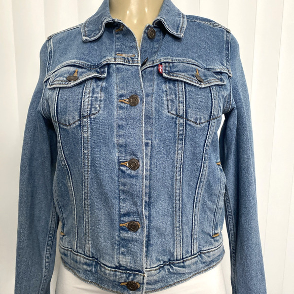 Levi's Premium Original Trucker Jacket Jean Denim Blue Long Sleeve Button Down S - Picture 2 of 9